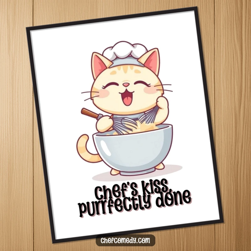 Funny Free Printable Wall Art: A kawaii cat chef with a happy expression, enthusiastically whisking a large bowl of batter.