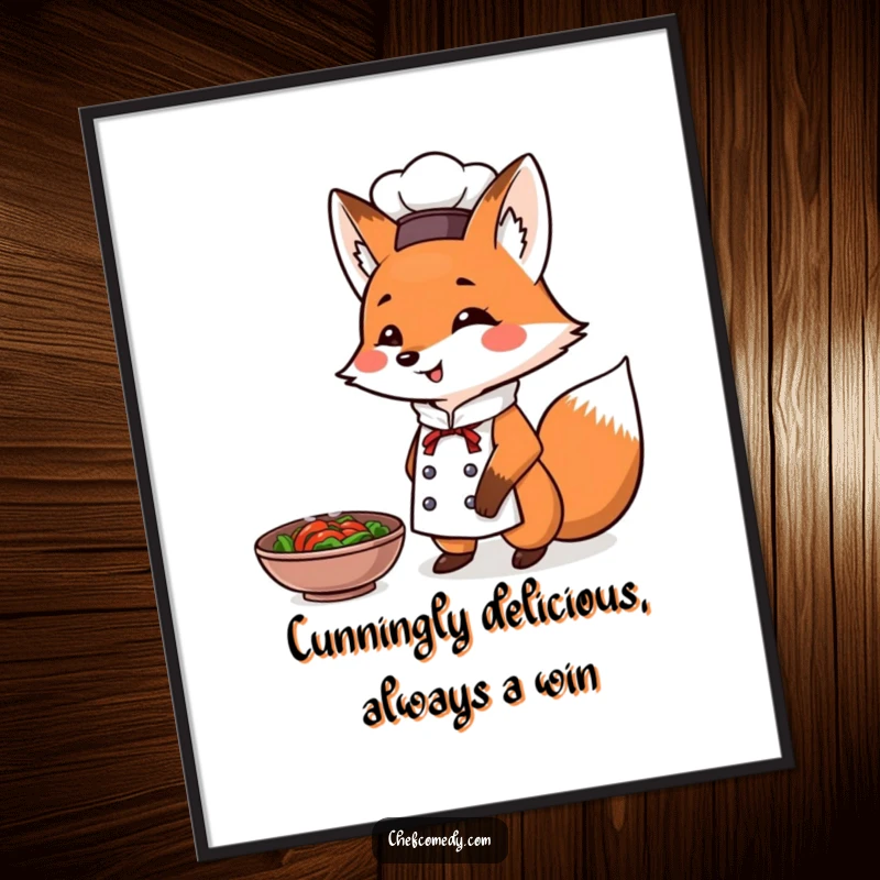 Funny Free Printable Wall Art: Triumphant fox chef presenting a steaming dish, an impressive downloadable decor.