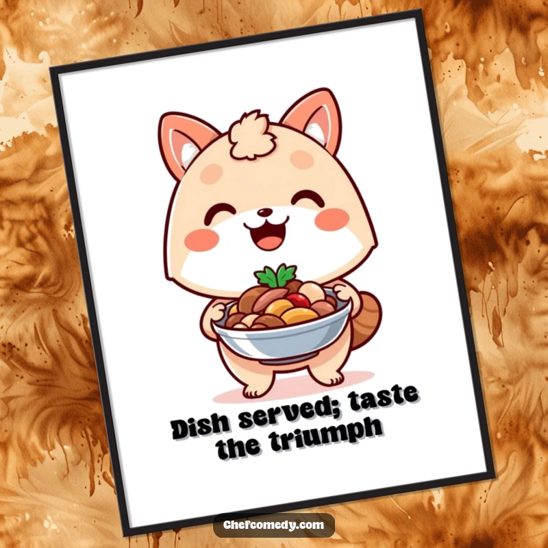 Funny Free Printable Wall Art: A kawaii animal proudly presents a delicious, beautifully plated dish with a satisfied smile.