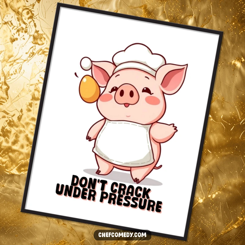 Funny Free Printable Pig Chef Wall Art, showing a cute pig chef in a tiny apron reacting with surprise to a flying egg.