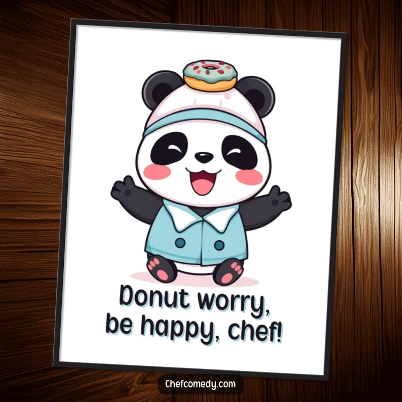 Funny Free Printable Panda Chef Art: A joyful panda chef balances donuts on its head, bringing sweet humor to your walls.