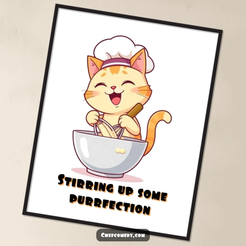 Funny Free Printable cat chef wall art, a happy cat chef energetically whisking batter in a large bowl.