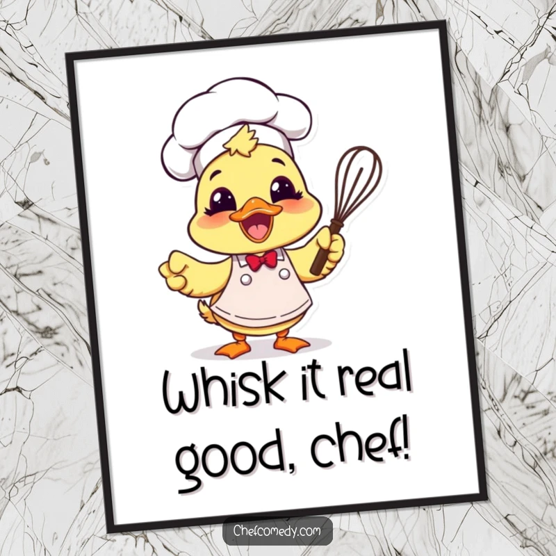 Funny Free Printable Duck Chef Art: An excited duck chef with a whisk brings whimsical kitchen humor to your walls.