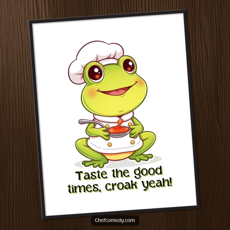 Funny Free Printable Frog Chef Art: A happy frog chef enjoys sauce, adding whimsical kitchen humor to your walls.