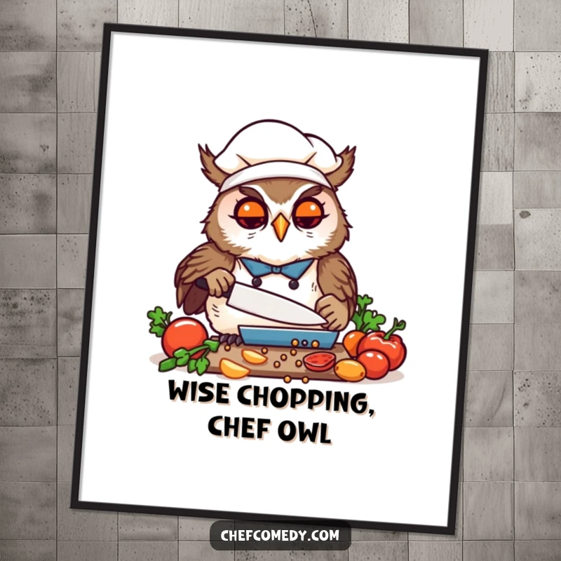 Funny free printable wall art: Kawaii owl chef with joyful focus meticulously chopping vegetables, a humorous addition to any kitchen.