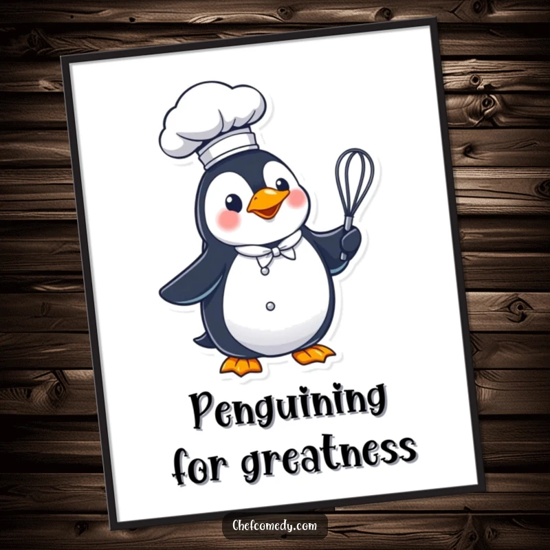 Funny Free Printable Wall Art: A stylish penguin chef wearing a tall hat and holding a whisk, ready to cook.
