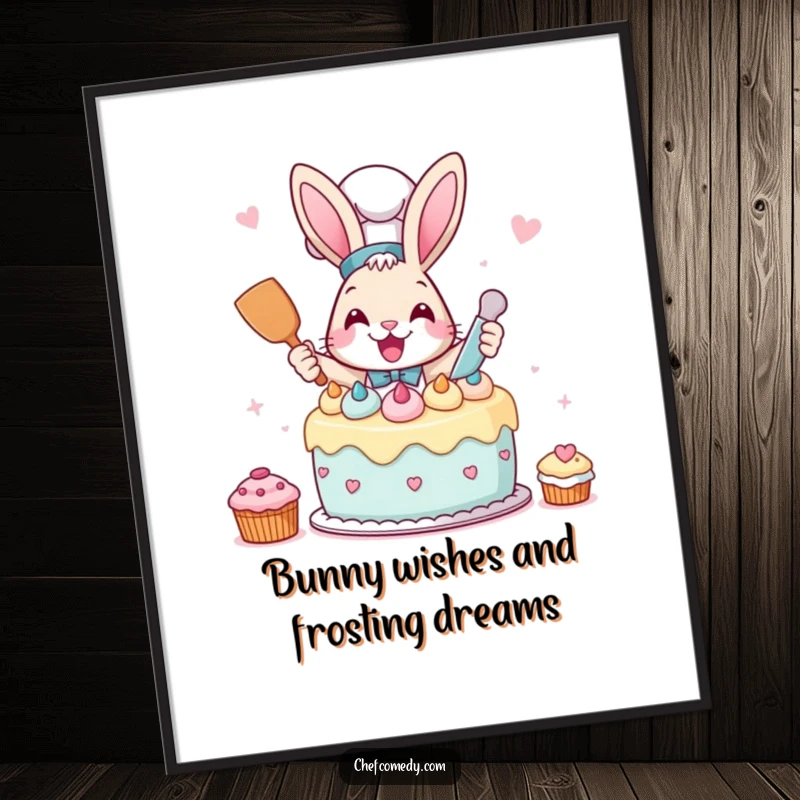 Funny free printable wall art of a rabbit chef excitedly frosting a whimsical cake, a charming addition to any kitchen.