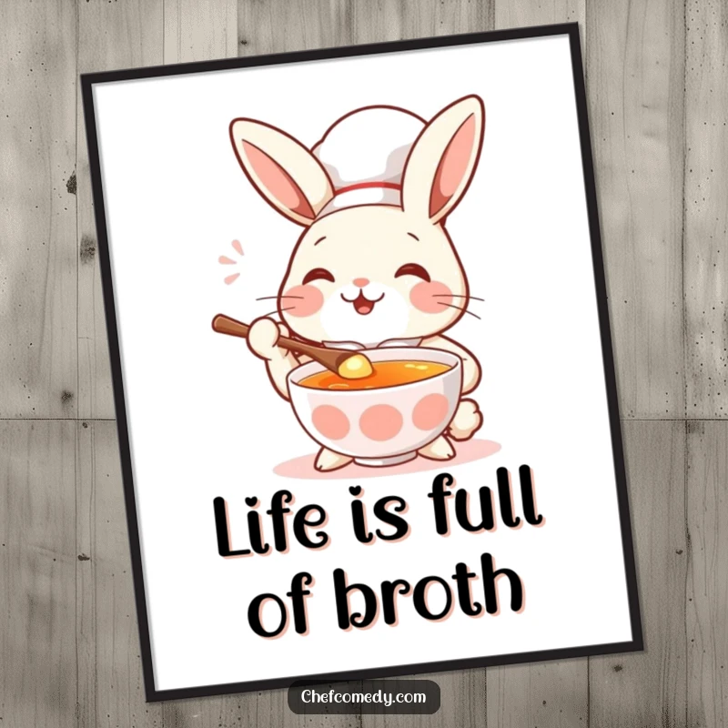 Funny Free Printable Wall Art: A cheerful rabbit chef savoring a spoonful of delicious soup with a happy look.