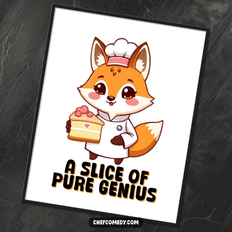Funny Free Printable Wall Art shows a fox chef proudly presenting a tempting slice of cake, adding warmth.