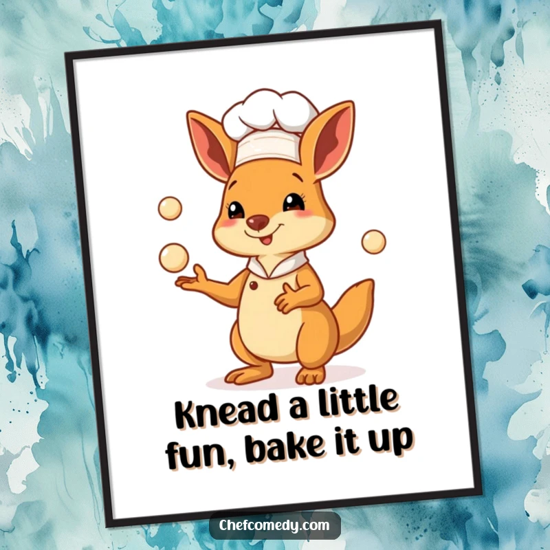Funny Free Printable Wall Art of a kangaroo chef expertly juggling tiny pastry dough balls, bringing kitchen charm.