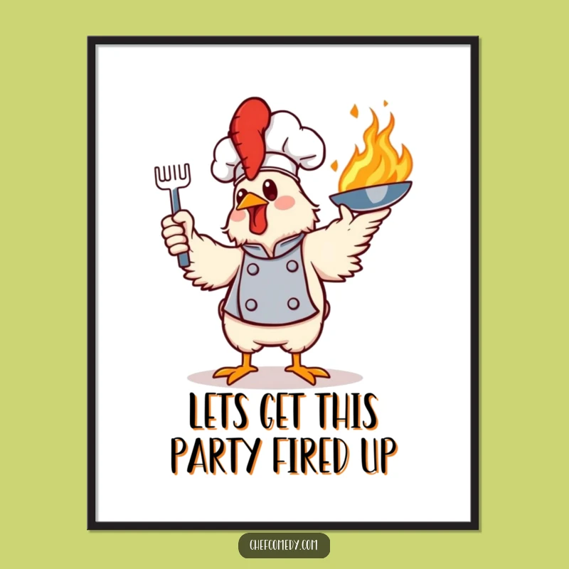 Funny Free Printable Chicken Chef Wall Art: Flaming Pan Decor Downloadable