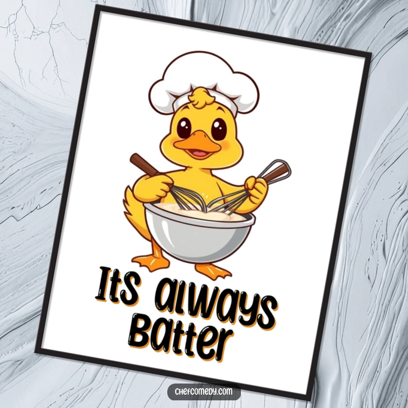 Funny Free Printable Wall Art: A duck chef intensely whisks batter in a bowl, capturing the lively spirit of culinary creation.