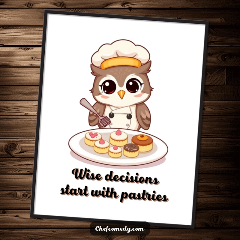 Funny free printable wall art showcasing a happy owl chef meticulously arranging tiny, exquisite pastries on a decorative plate.