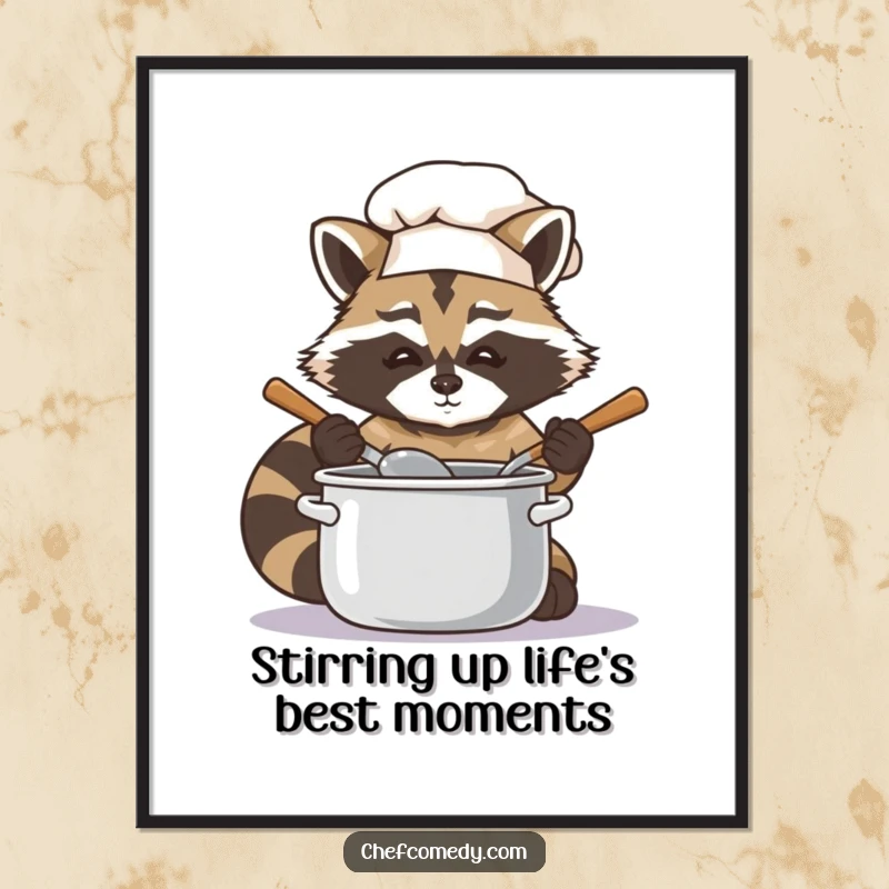 Funny free printable wall art of a focused raccoon chef diligently stirring a bubbling pot with a wooden spoon.