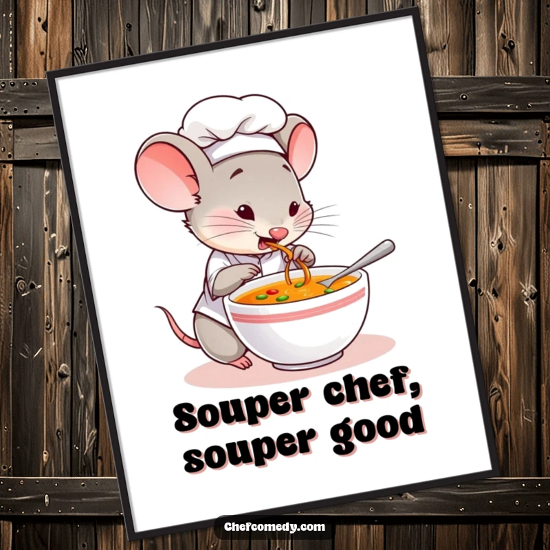 Funny Free Printable Wall Art: A mouse chef curiously tastes soup, adding a charming and humorous culinary vibe.