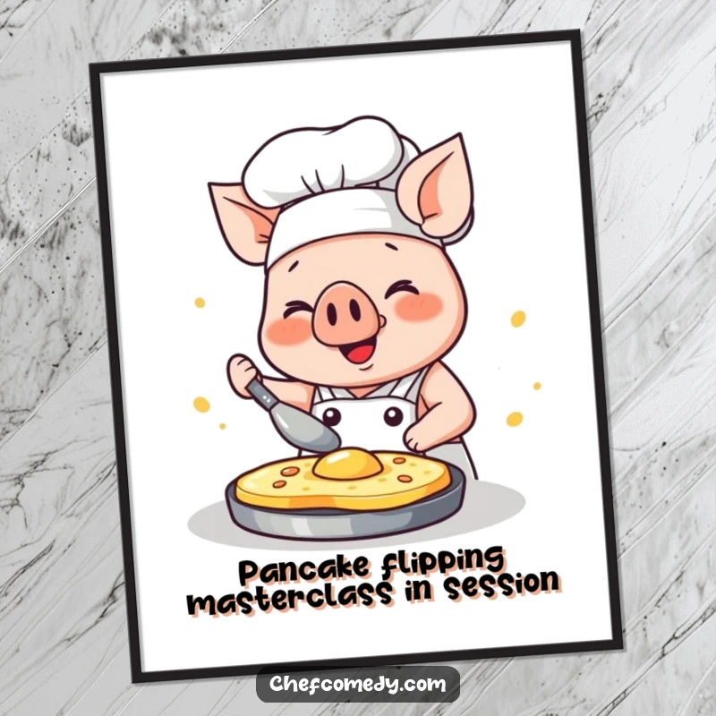 Funny Free Printable Wall Art: Kawaii pig chef concentrating with glee while flipping a pancake, a culinary masterpiece.