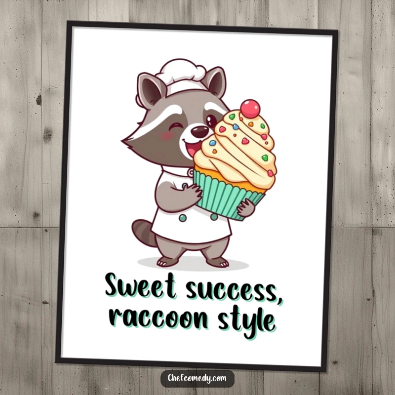 Funny Free Printable Wall Art: A kawaii raccoon chef proudly presents a giant, beautifully decorated cupcake with a flourish.