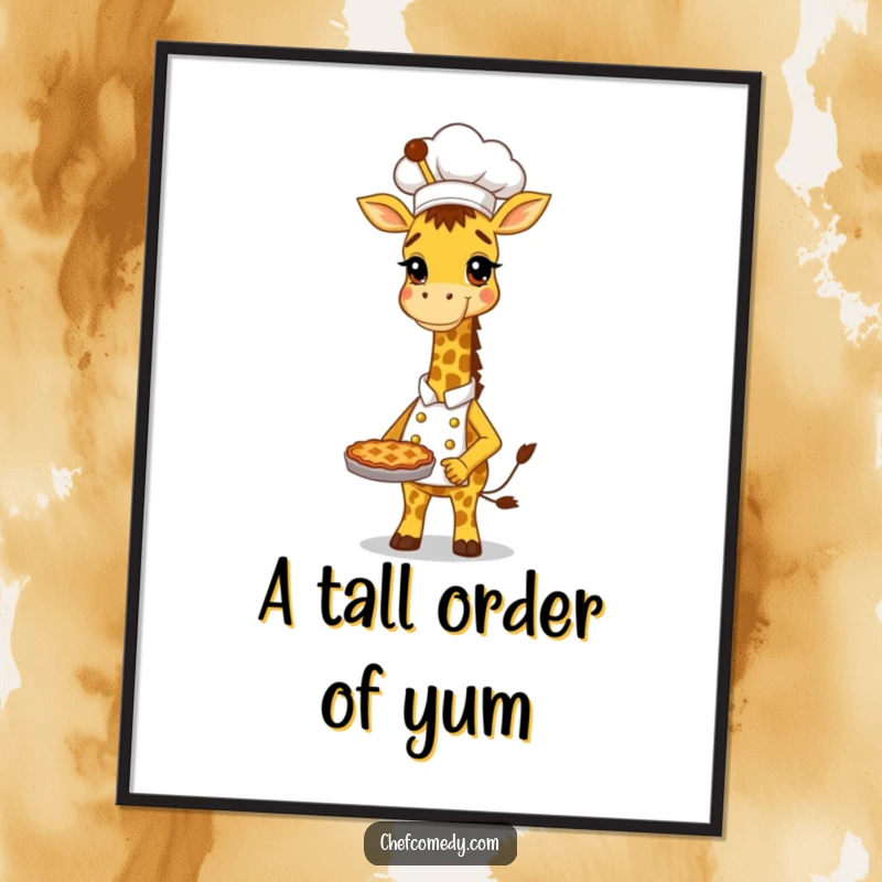 Funny Free Printable Wall Art: Tall, proud giraffe chef showcases a delicious pie, adding a touch of whimsical culinary art to any room.