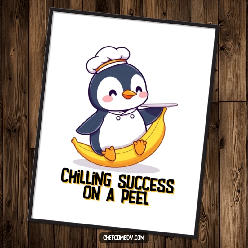 Funny Free Printable Wall Art: Penguin chef slipping on a banana peel with a plate, comical downloadable decor.
