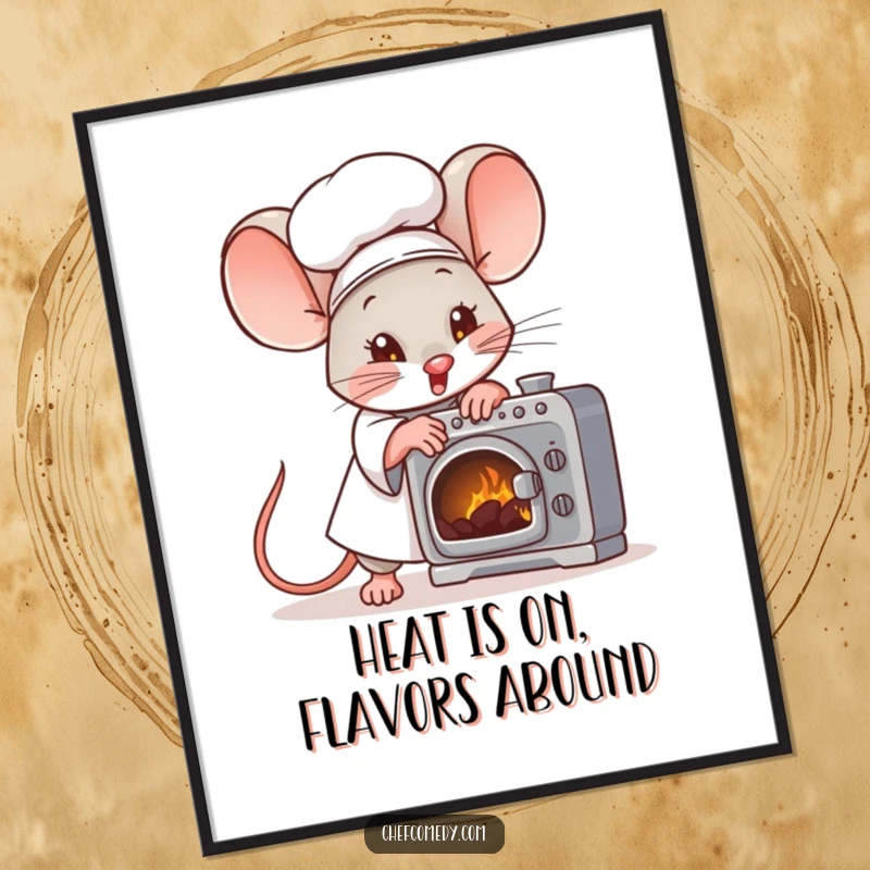 Funny Free Printable Wall Art: Comical mouse chef fanning a very small oven with great concentration and effort, a delightful scene.