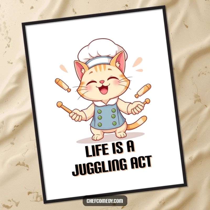 Funny Free Printable Wall Art: Giggling cat chef juggles rolling pins with a wide grin on kitchen decor.