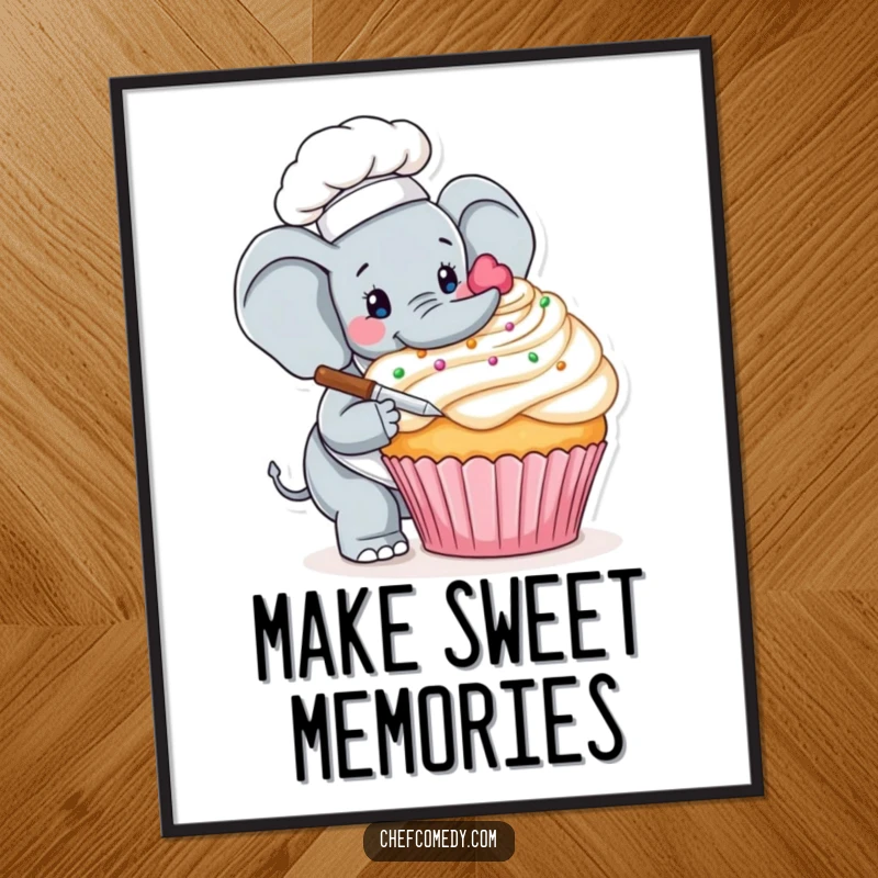 Funny Free Printable Wall Art: An elephant chef meticulously decorates a colossal cupcake, showcasing patience and artistic flair.