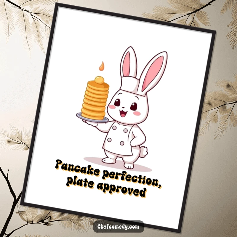 Funny Free Printable Bunny Chef Wall Art, showcasing a kawaii bunny chef proudly presenting an impressively wobbly stack of pancakes.