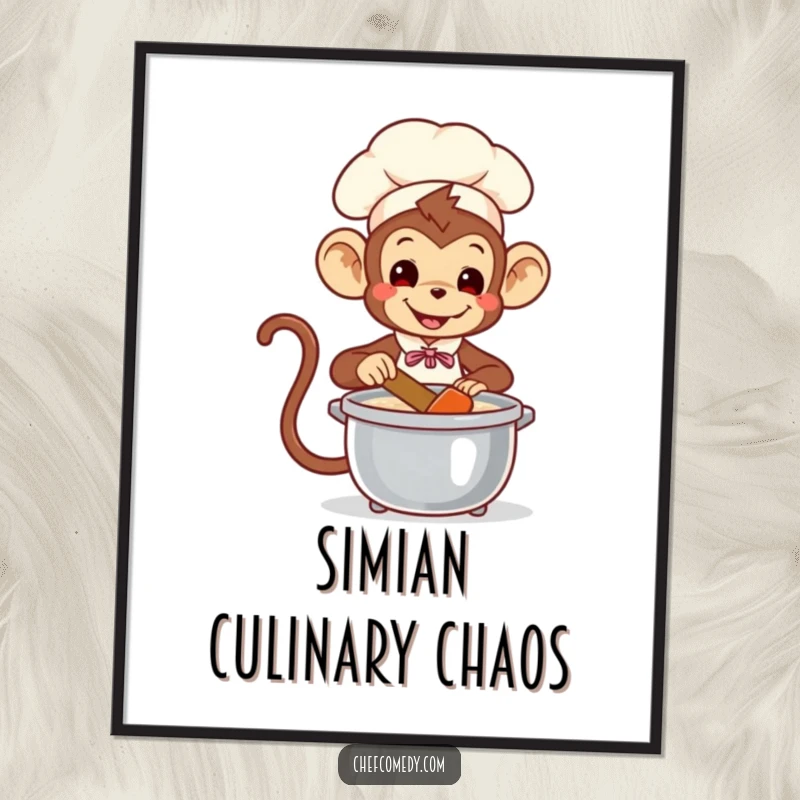 Funny Free Printable Wall Art: Playful monkey chef is busy stirring a pot, adding a touch of whimsical kitchen artistry to your home.