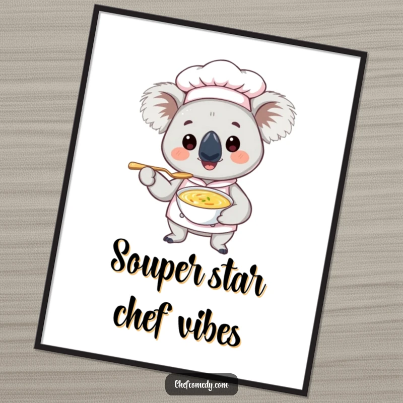 Funny Free Printable Wall Art: A smiling koala chef serving a tiny spoon of soup, delightful downloadable decor.