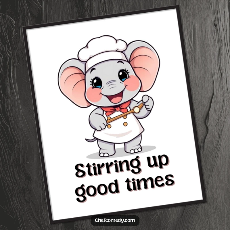 Funny Free Printable Wall Art: Happy elephant chef joyfully presents a giant spoon, bringing whimsical culinary charm to your room.