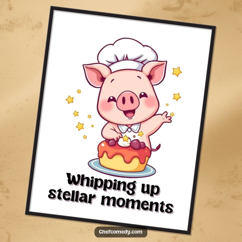 Funny Free Printable Wall Art: Pig chef excitedly sprinkles stars on a dessert, whimsical downloadable decor.