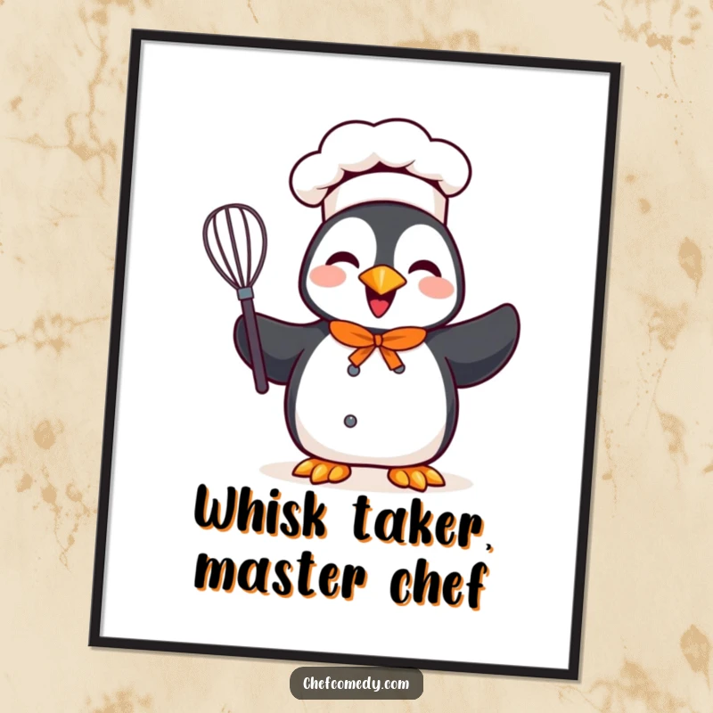 Funny Free Printable Wall Art: A cheerful penguin chef holds a whisk, bringing playful culinary vibes to decor.