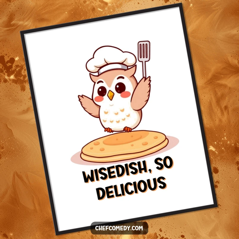 Funny Free Printable Wall Art: Small owl wearing a chef hat, skillfully flipping a pancake in the air.