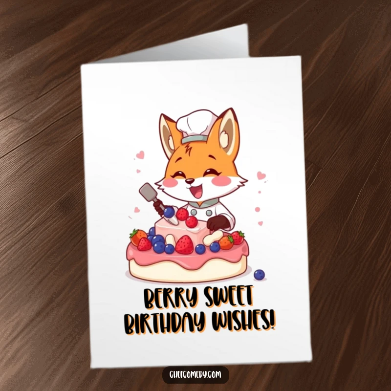 Funny Free Printable Birthday Card: Fox chef joyfully decorating a cake with bright red berries, ready to celebrate.