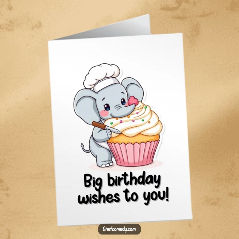 Funny Free Printable Birthday Card: A gentle elephant chef meticulously decorates a massive cupcake, creating birthday magic.