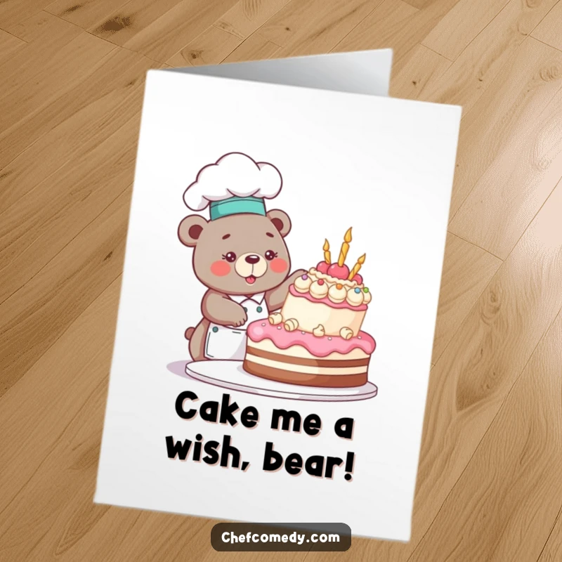 Funny Free Printable Birthday Card: A joyful bear chef gleefully decorates a towering cake, ready for a celebration.