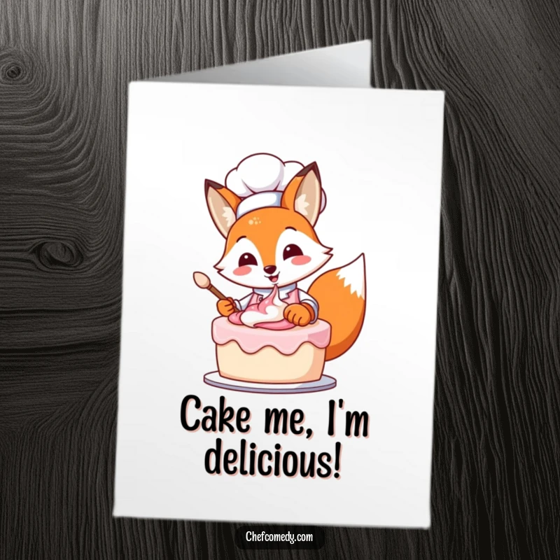 Funny free printable birthday card featuring a cheerful fox chef enthusiastically frosting a cake with colorful icing.
