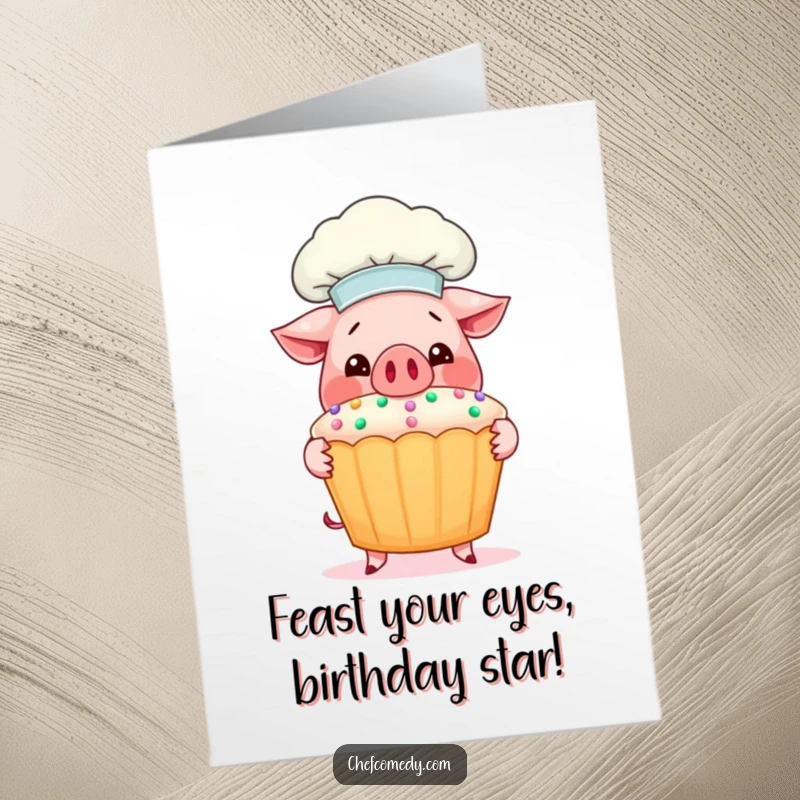 Funny Free Printable Birthday Card: Smiling pig chef proudly presents a giant cupcake, perfect for bakers and cake lovers.