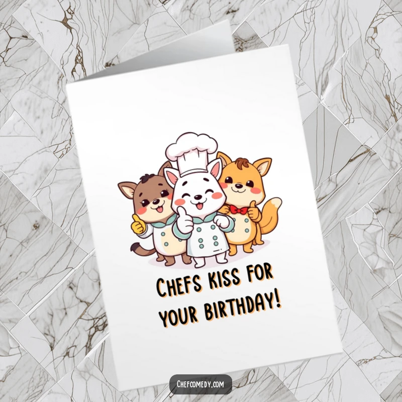 Funny Free Printable Birthday Card: A team of smiling animal chefs gives a collective thumbs up for a birthday bash.