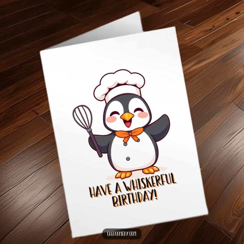 Funny Free Printable Birthday Card: A happy penguin chef cheerfully holds a whisk, ready for birthday celebrations.