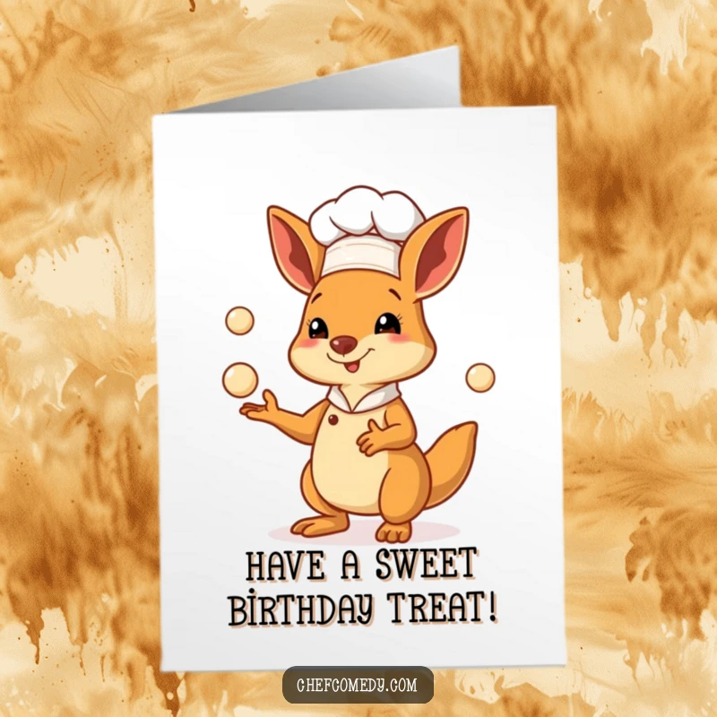 Funny Free Printable Birthday Card of a kangaroo chef skillfully juggling tiny pastry dough balls, perfect for a sweet celebration.