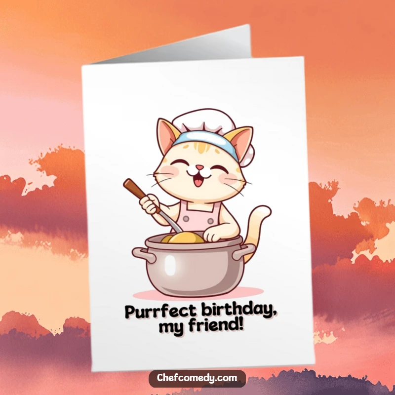 Funny Free Printable Birthday Card: Kawaii cat chef in apron happily stirring a giant pot of goodness.