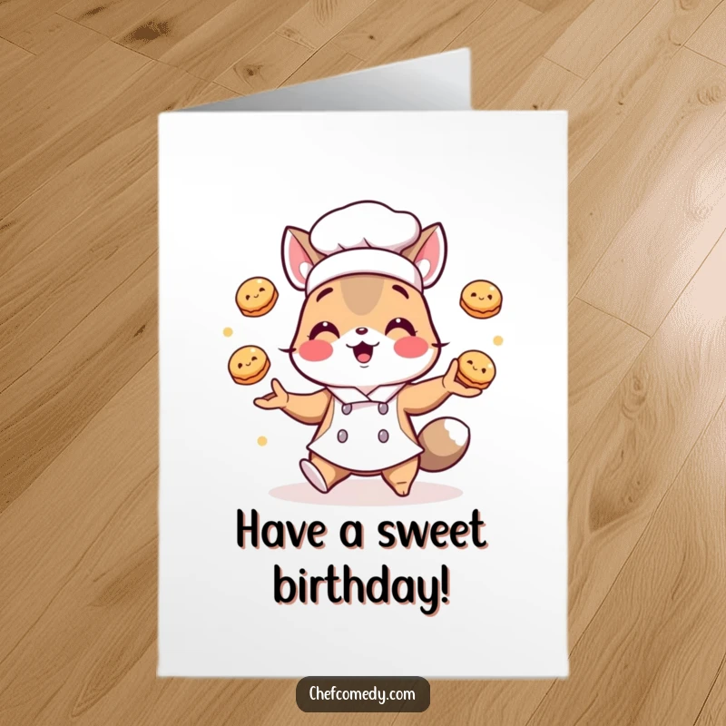 Funny Free Printable Chef Animal Birthday Card: A chef animal juggles pastries, celebrating a birthday. Delicious downloadable gift.