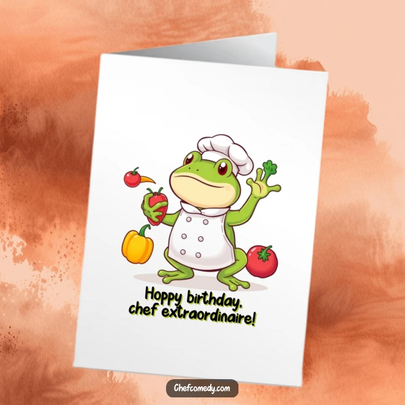 Funny Free Printable Birthday Card: A lively frog chef juggles colorful vegetables, adding zest to any birthday.