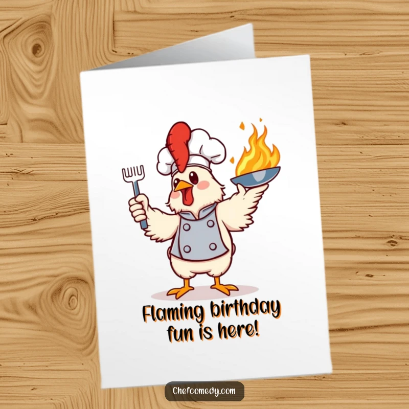 Funny Free Printable Birthday Card: A chicken chef wildly tosses a flaming frying pan, exuding chaotic birthday energy.