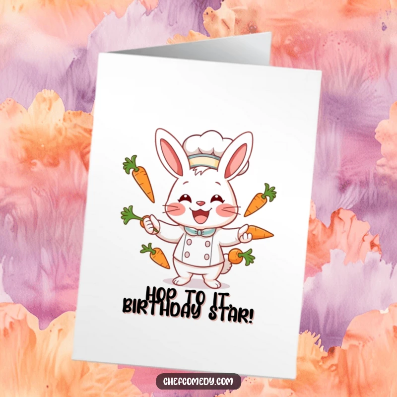 Funny Free Printable Birthday Card: Cheerful rabbit chef with a wide smile, expertly juggling several bright orange carrots in the air.