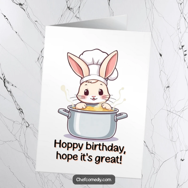 Funny Free Printable Rabbit Chef Birthday Card: A curious rabbit chef peeks into a mysterious bubbling pot.