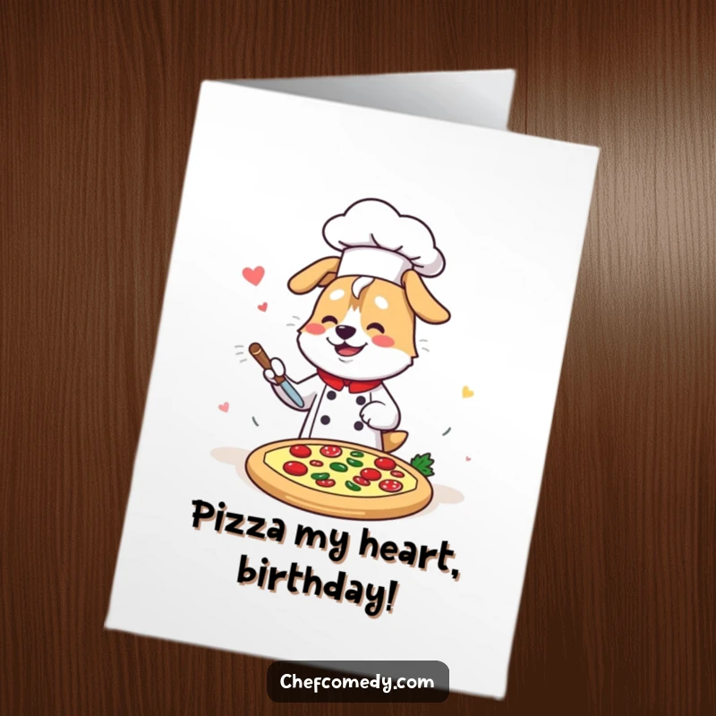 Funny free printable birthday card: Kawaii dog chef artistically slinging pizza toppings with joyful speed and a big smile.