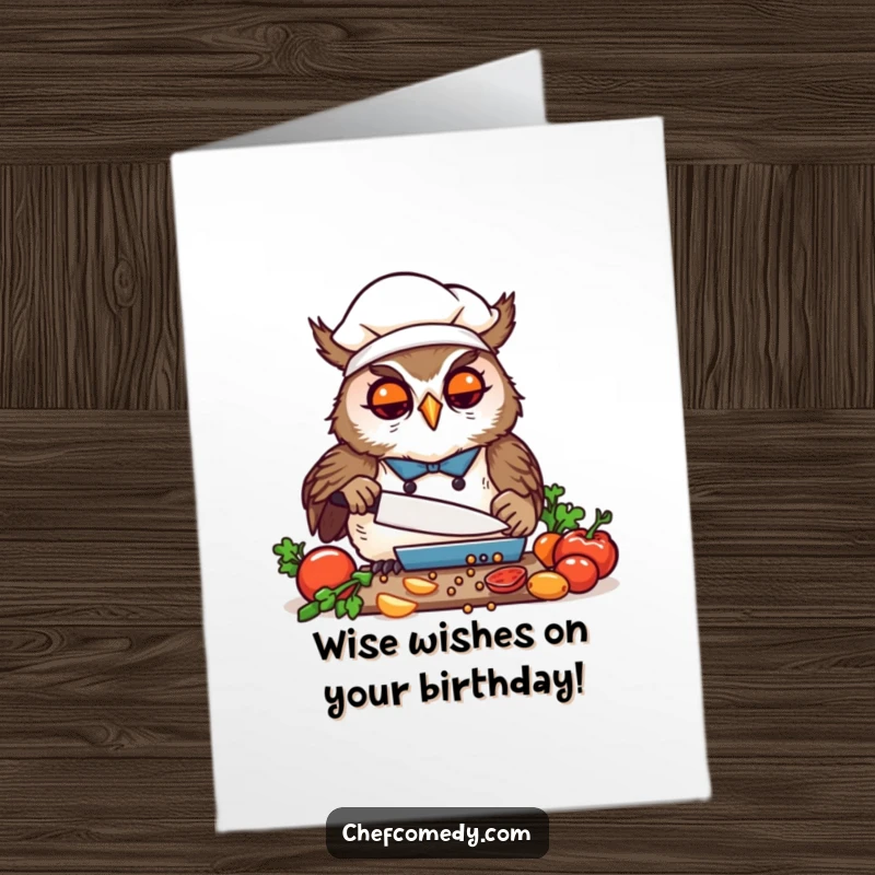Funny free printable birthday card: Kawaii owl chef joyfully and precisely chopping vegetables, celebrating with focused culinary enthusiasm.