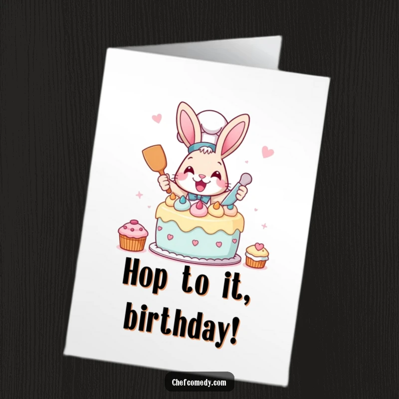 Funny free printable birthday card featuring an excited rabbit chef frosting a whimsical cake, ready for a sweet party.